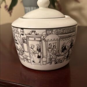 White Ceramic Sugar Bowl with Black Illustrations